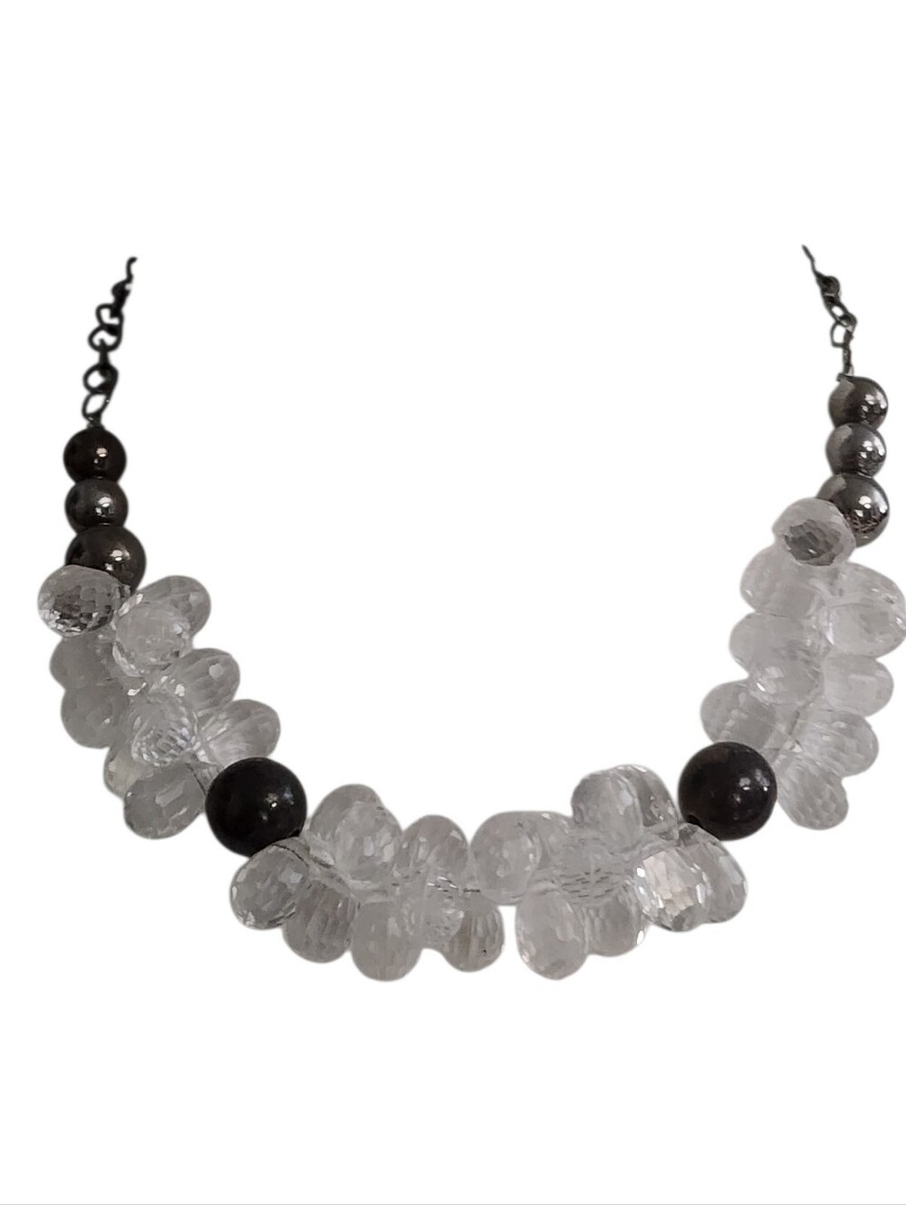 Gunmetal Necklace Clear Bead Black Accent
